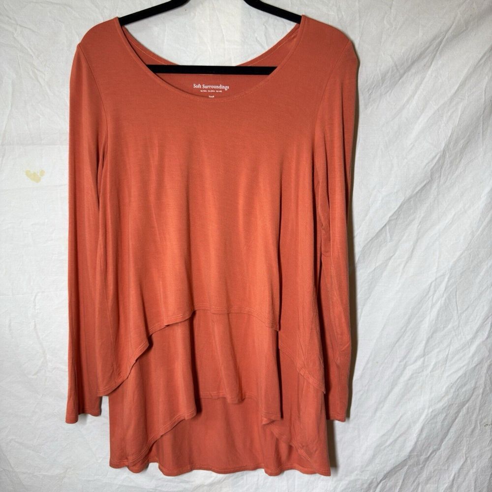 Soft Surroundings Coral Tunic Top S Layered Long‎ Sleeve Pleated Draped Back